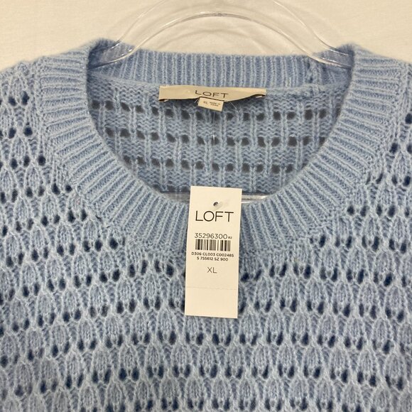 New LOFT size XL Light Blue Open Knit Ruffle Detail Elegant Preppy Sweater - Picture 4 of 10